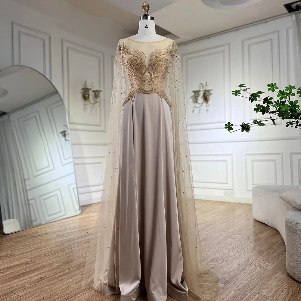 Evening dress with sweetheart neckline-Serene Hill 2024 Nude Cape Sleeves Satin A Line Lace Beaded Luxury Dubai Evening Dresses Gowns for Women Wedding Party LA72702