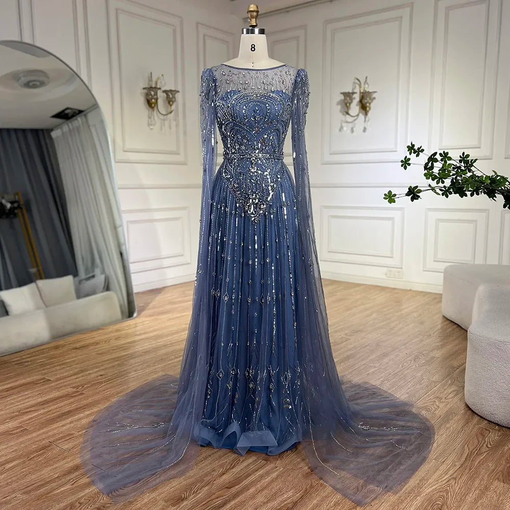 Evening dress for black tie-Serene Hill 2024 Luxury Dubai Blue Cape Sleeves Alina Beaded Stone Arabic Evening Gowns for Women Wedding Party LA72635