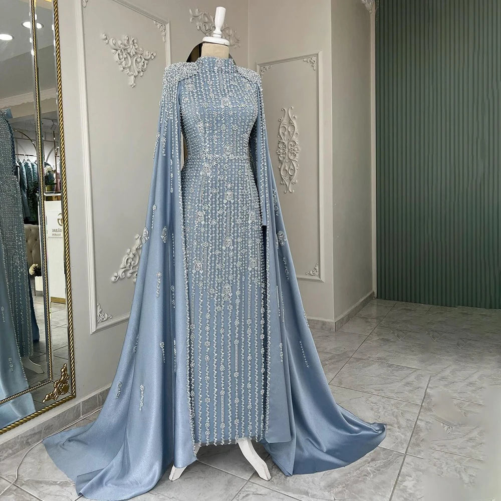 Vintage evening dress-Serene Hill 2024 Luxury Dubai Blue Muslim Mermaid Beaded Evening Gowns with Cape Sleeves for Women's Party LA72533