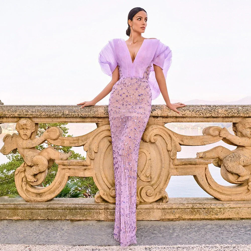 Evening dress with illusion back-Serene Hill 2024 Luxury Dubai Lilac Illusion Mermaid Beaded Evening Gowns with Lace-Up Back for Women's Party LA71888