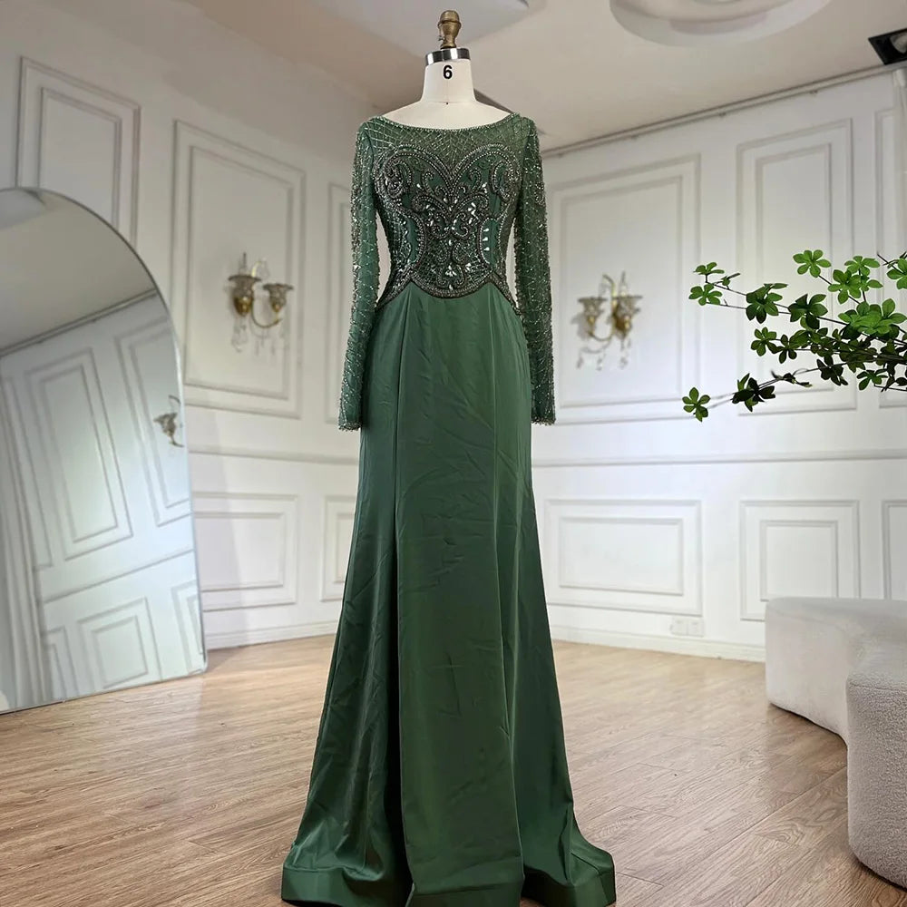 Evening dress with slit-Serene Hill 2024 Muslim Elegant Green Satin Mermaid Beaded Luxury Dubai Evening Gown for Women's Party LA72700