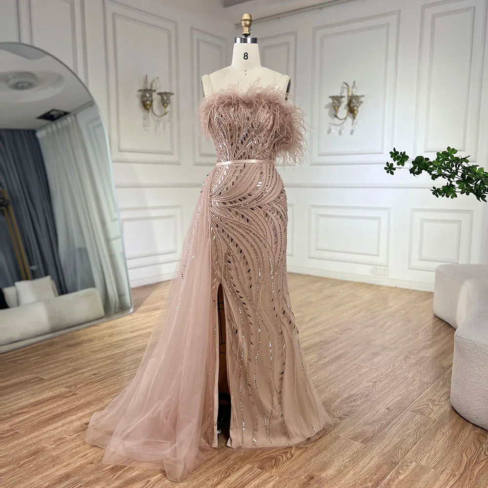 Evening dress for winter-Serene Hill 2024 Nude Mermaid Gown Strapless Overskirt Feather Beading High Split Evening Dress for Women Parties LA72311