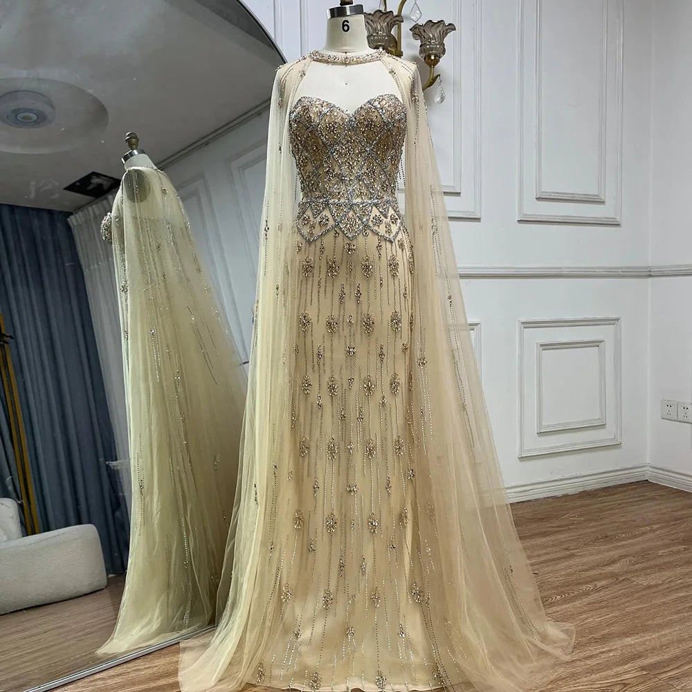 Evening dress with fringe-Serene Hill 2024 Nude Saudi Evening Gown Mermaid Detachable Cape Sleeves Luxury Beaded Dress for Formal Occasion LA72716