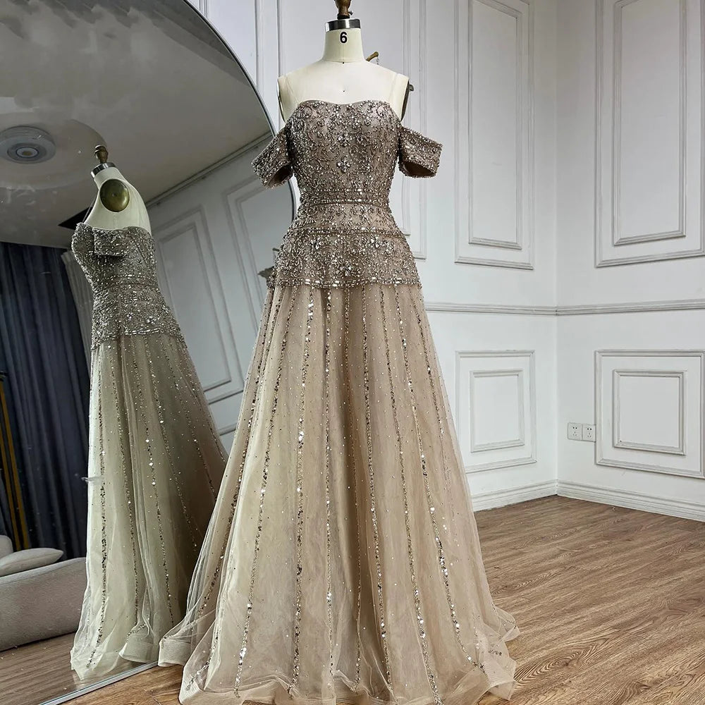 Evening dress with cap sleeves-Serene Hill 2024 Off The Shoulder A-Line Caramel Beaded Luxury Evening Dress for Formal Occasion Saudi LA72709