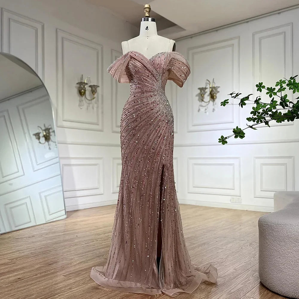 Evening dress with corset bodice-Serene Hill 2024 Off The Shoulder Pink Mermaid Beaded Luxury Evening Dress with Side Split for Formal Occasion Saudi LA72481