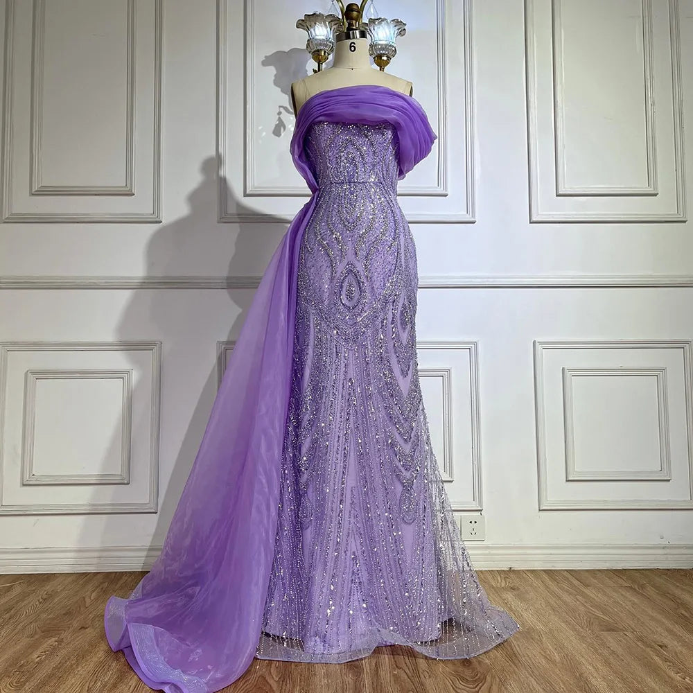 Evening dress with beaded bodice-Serene Hill 2024 One-Shoulder Purple Mermaid Beaded Evening Dress with Side Skirt Overlay for Formal Occasion Saudi LA72706