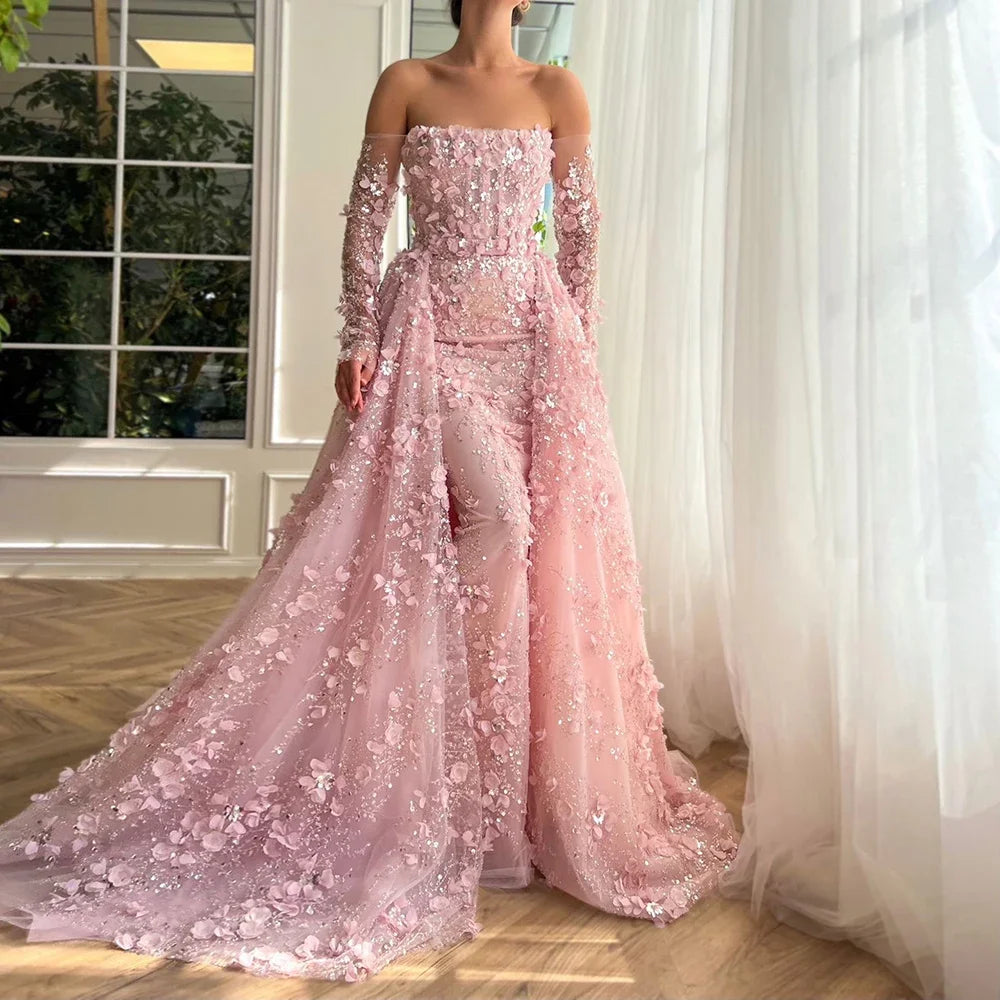 Evening dress with bow-Serene Hill 2024 Pink Strapless Back Lace-Up Mermaid Evening Gown with Overskirt and Appliques for Women | Wedding Party LA72641