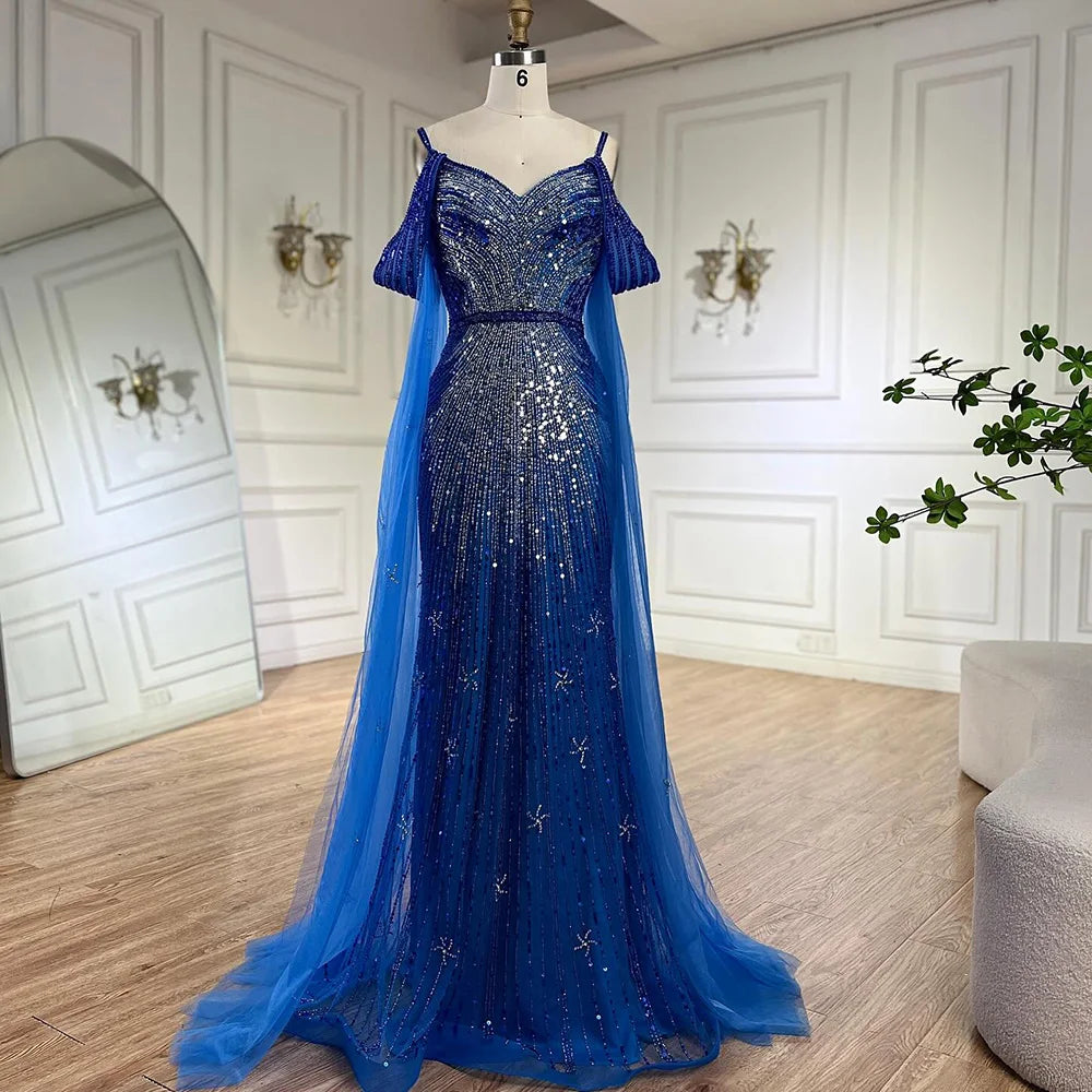 Evening dress with double straps-Serene Hill 2024 Spaghetti Strap Blue Mermaid Beaded Luxury Evening Dress with Cape Sleeves for Formal Occasion Saudi LA72707