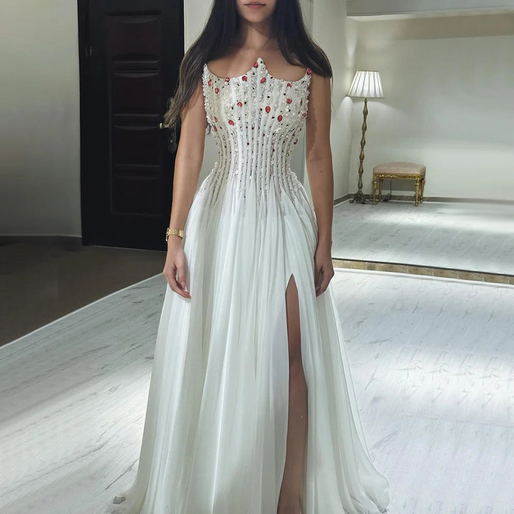 Evening dress with flared skirt-Serene Hill 2024 White Strapless Luxury Dubai Evening Gown with Front Double Split Pearls Beaded Dress for Women's Party LA72667