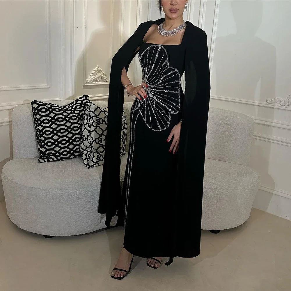 Evening dress with appliqu茅-Serene Hill Arabic Black Mermaid Elegant Cape Sleeves Beaded Satin Luxury Dubai Evening Dresses Gowns For Women Party LA72461