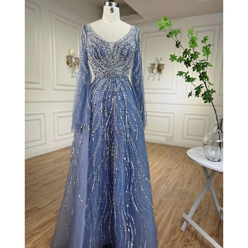 Evening dress with appliqu茅-Serene Hill Arabic Blue A Line Beaded Evening Dresses Long 2024 Celebrity Gowns For Women Wedding Party LA72099