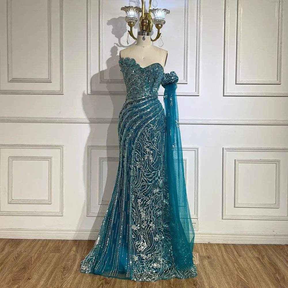 Evening dress with embroidered flowers-Serene Hill Arabic Blue Strapless Yellow High-Split Mermaid Beaded Luxury Evening Gown for Women | Wedding Party 2024 LA72600