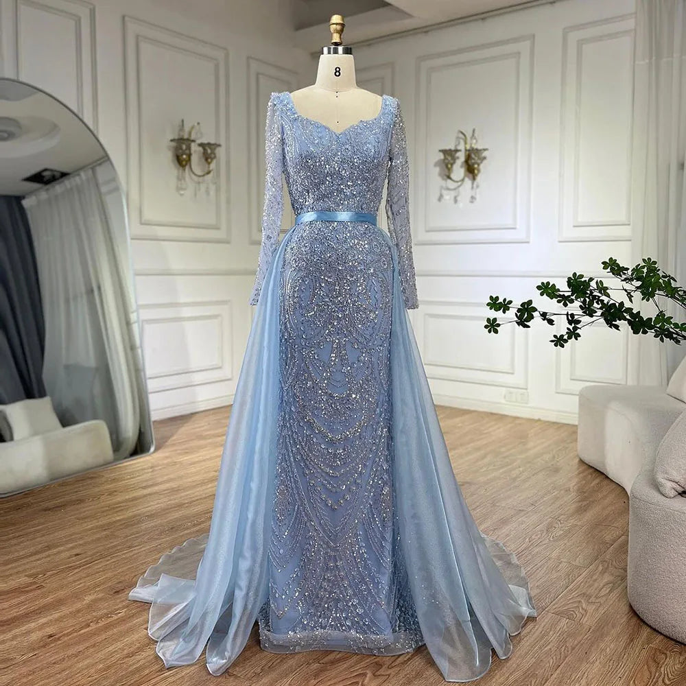 Evening dress with tulle overlay-Serene Hill Arabic Blue Sweetheart Mermaid Evening Gown Beaded Overskirt - Luxury Dresses for Woman's Wedding Party 2024 LA72548