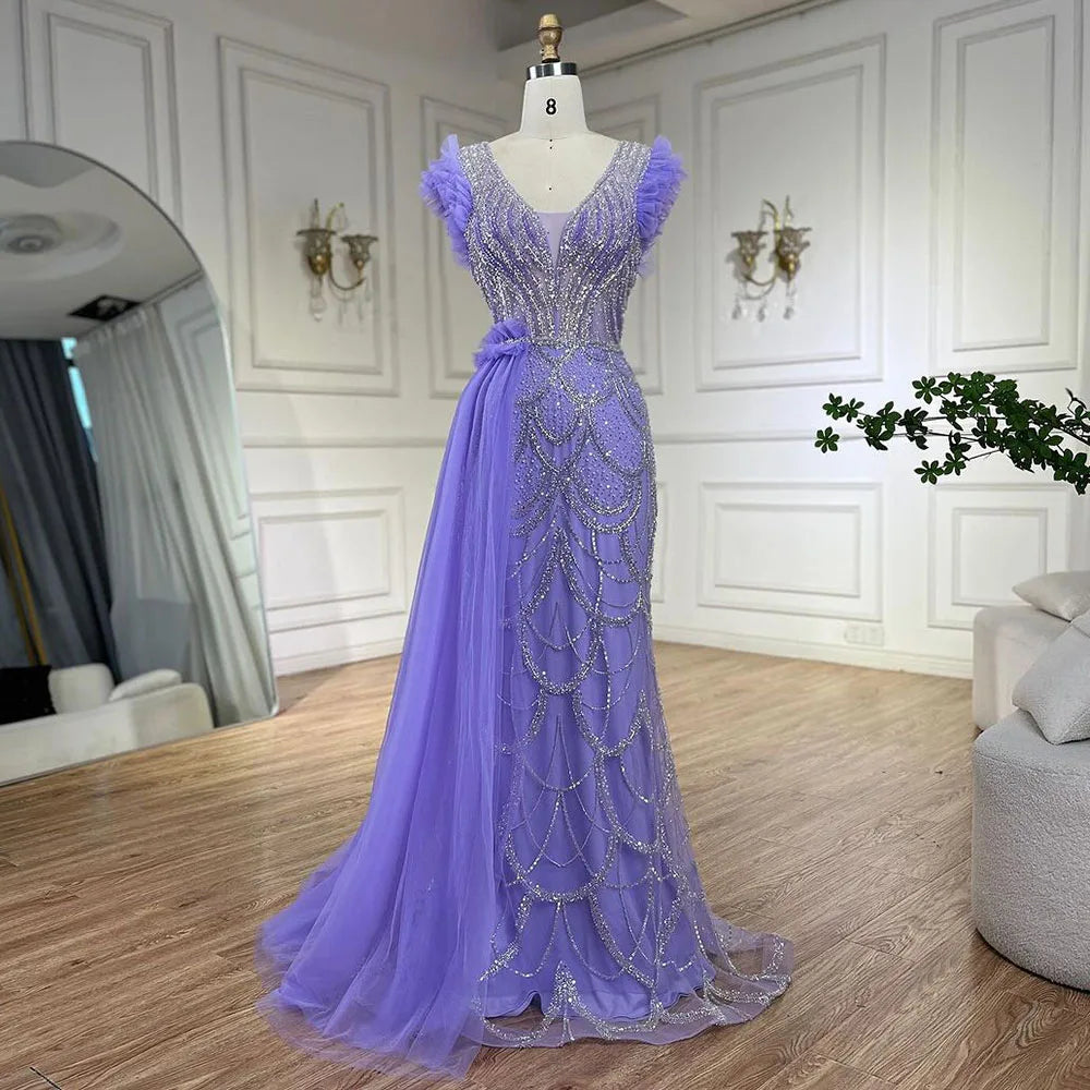 Evening dress with ruffles-Serene Hill Arabic Dubai Lilac Mermaid With Overskirt Beaded Luxury Evening Dresses Gowns for Women Wedding Party 2024 LA72564