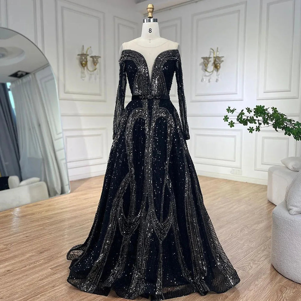 Evening dress with trumpet silhouette-Serene Hill Arabic Elegant Black A Line Shiny Beaded Luxury Dubai Evening Dresses Gowns For Women Wedding Party 2024 LA72566