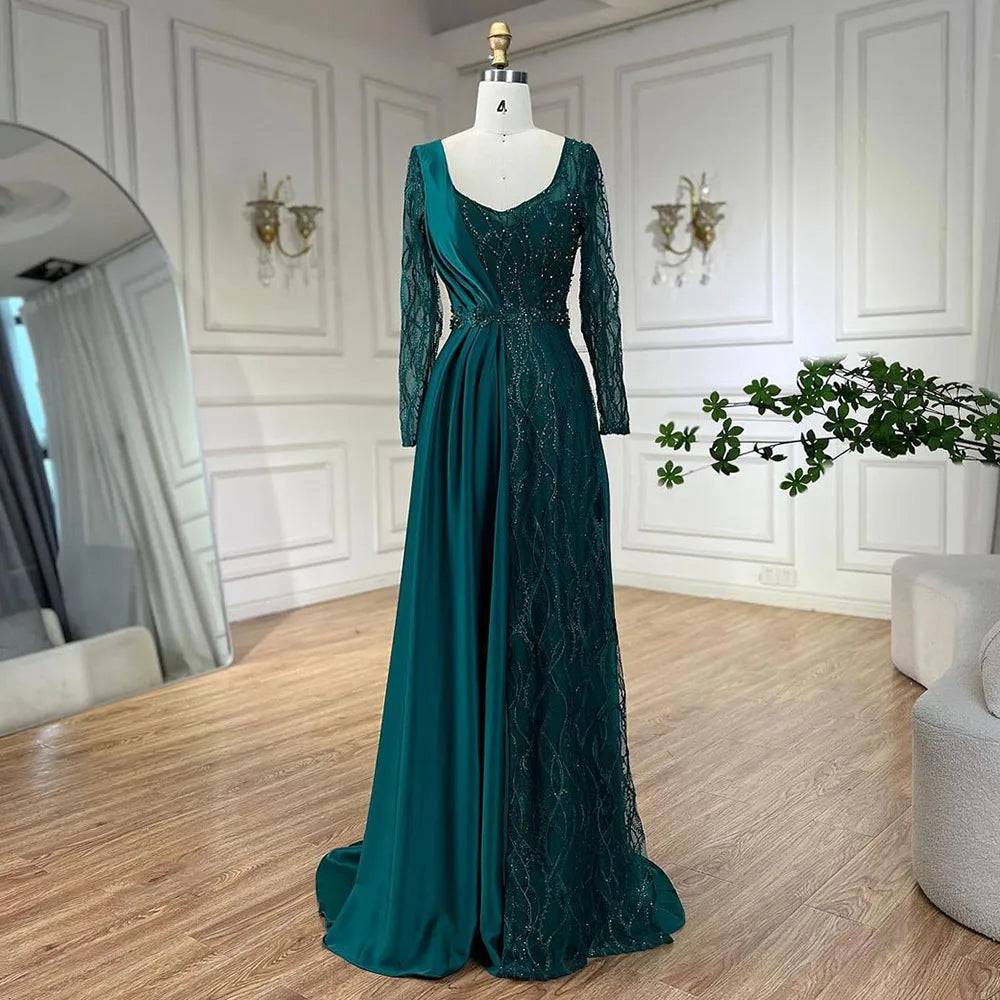 Evening dress with illusion sleeves-Serene Hill Arabic Green Mermaid Elegant Satin Lace Beaded Luxury Dubai Evening Dresses Gowns For Women Wedding Party LA71860A