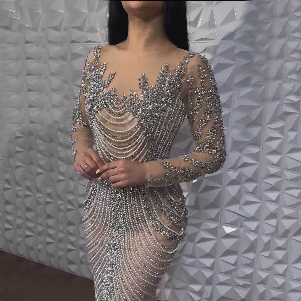 Champagne evening dress-Serene Hill Arabic Luxury Crystal Pearls Sliver Nude Dubai Evening Dresses for Women Wedding Formal Prom Party Gown 2024 LA72478