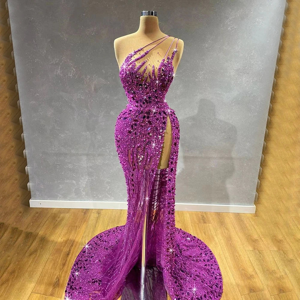 Evening dress with open back-Serene Hill Arabic Purple Mermaid One Shoulder High Split Beaded Luxury Evening Dresses Gowns For Women Party 2024 LA71820