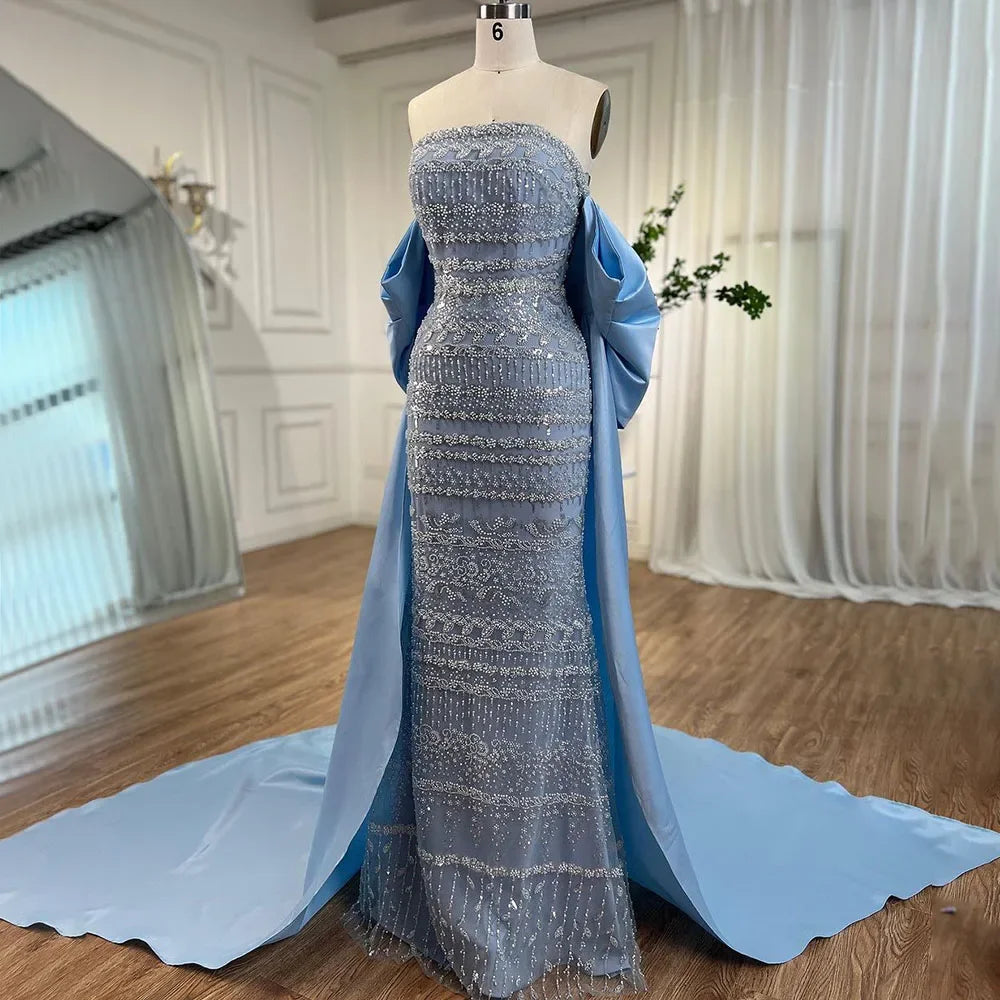 White evening dress-Serene Hill Arabic Sage Blue Elegant Mermaid Strapless Beaded Evening Dresses For Women Wedding Party 2024 LA72126