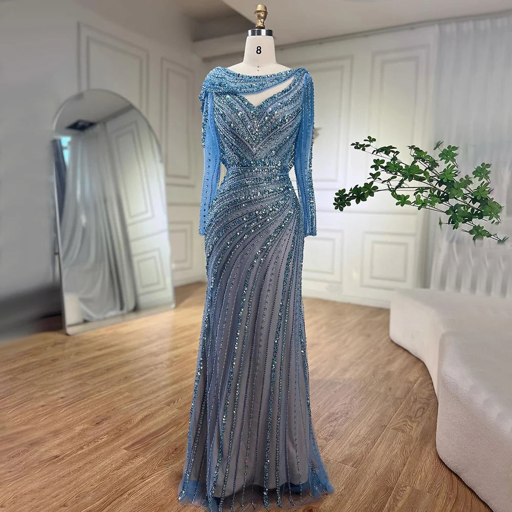 Evening dress for prom-Serene Hill Arabic Silver Nude Beaded Elegant Mermaid Blue Luxury Dubai Evening Dresses Gowns for Women Party 2024 LA70752L