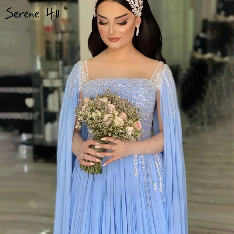 Evening dress with crystals-Serene Hill Blue Cape Sleeves Evening Dresses Gowns 2024 Beaded A-Line Chiffon For Women Party LA71319