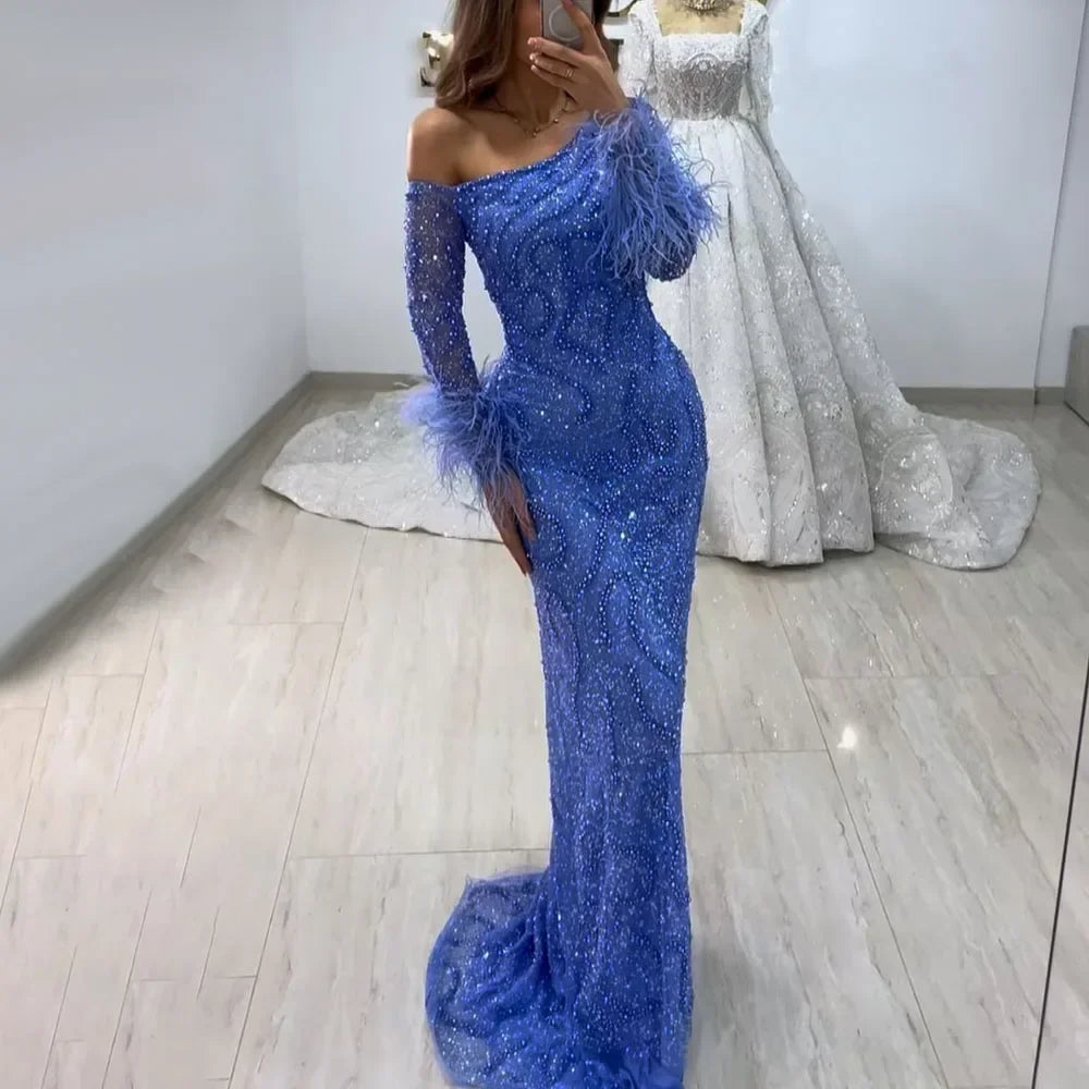 Evening dress with sequins-Serene Hill Blue Mermaid Elegant One-Shoulder Beaded Feathers Luxury Evening Dress Gown for Women's Wedding Party 2024 LA72395