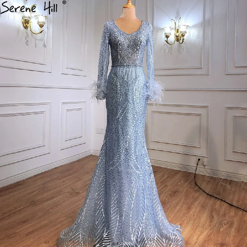 Evening dress with open back-Serene Hill Blue Mermaid Luxury Evening Dresses Gowns Feather Beading Luxury Elegant For Women Party  Plus Size 2024 LA70968