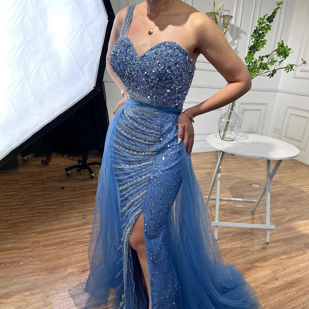 Evening dress with sheer panels-Serene Hill Blue One Shoulder High Split Mermaid Elegant Beaded With Overskirt Evening Dresses Gowns For Women Party LA71825