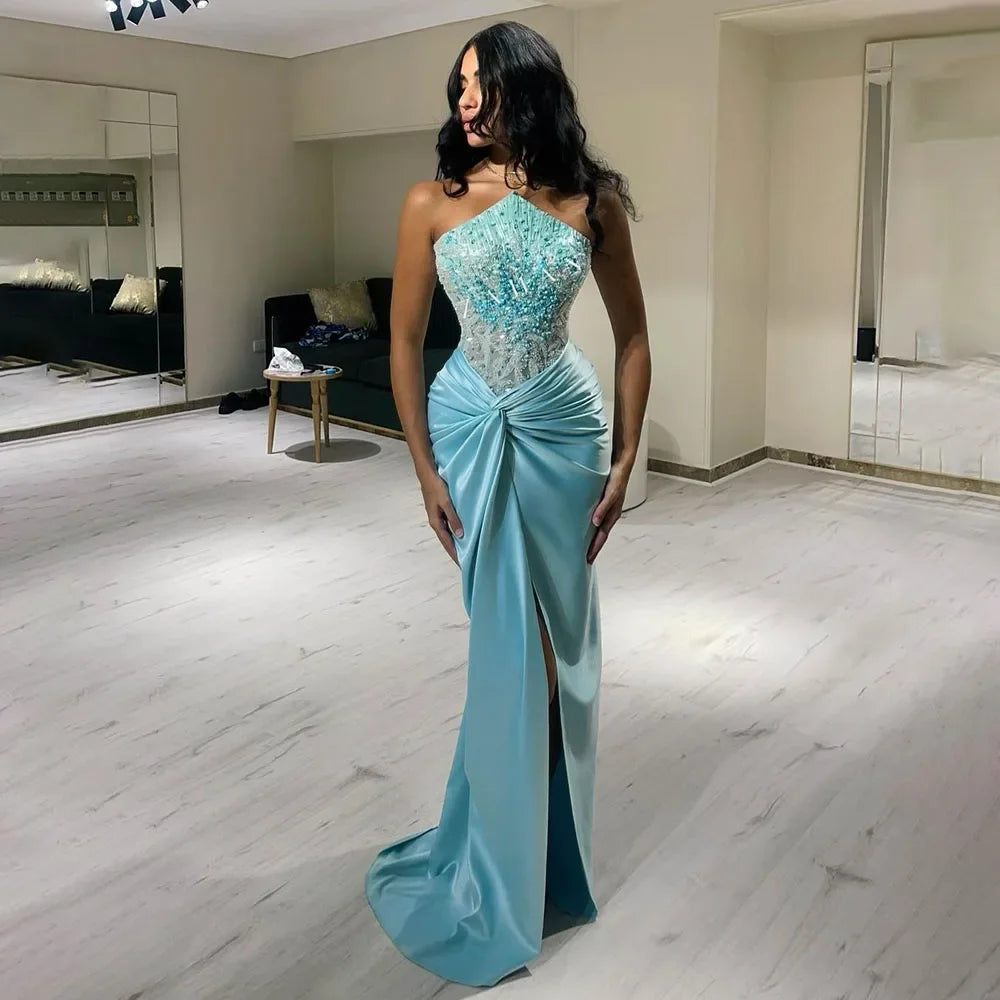 Evening dress with chiffon-Serene Hill Blue Split Strapless Mermaid Luxury Beaded Arabic Dubai Evening Dresses Gowns for Women Wedding Party 2024 LA72572