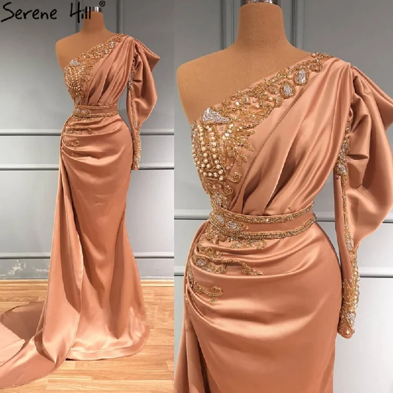 Evening dress with cap sleeves-Serene Hill Blush Pink Mermiad Satin Evening Dresses Gowns 2024 One Shoulder Elegant Beaded For Women Party LA71200