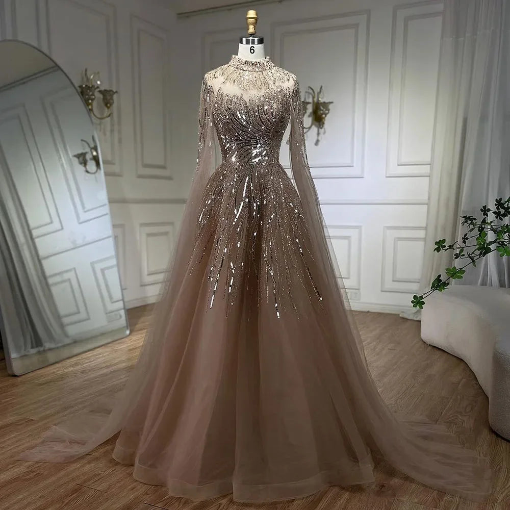 Evening dress with tulle-Serene Hill Caramel Luxury Evening Dresses with Cape Sleeves A-Line Beaded Lace Gown For Women's Wedding Party 2024 LA72386