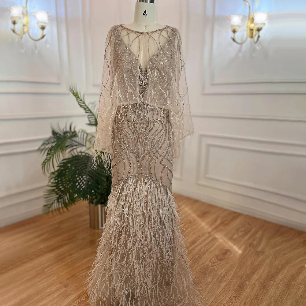 Evening dress with spaghetti straps-Serene Hill Caramel Mermaid Beaded Evening Dresses Gowns Feather Luxury Elegant For Woman Wedding Party 2024 LA71866