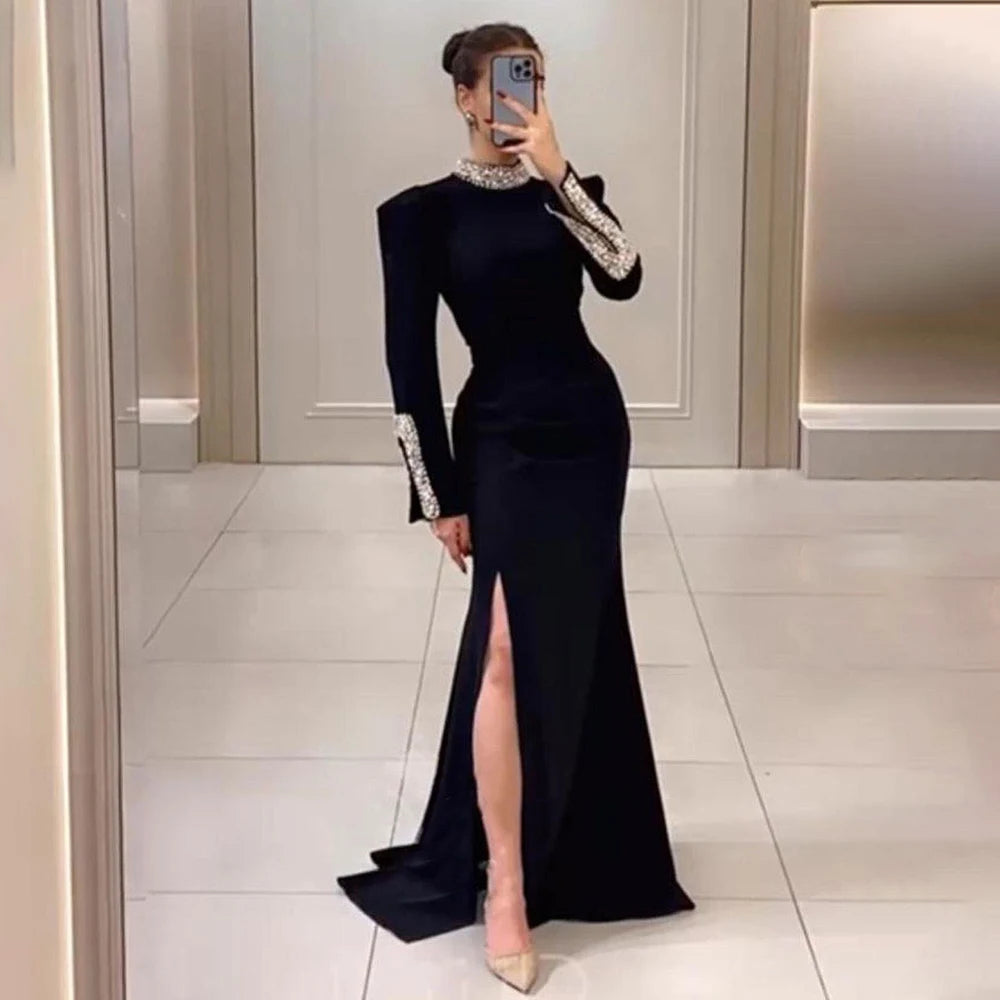 Evening dress with fringe-Serene Hill Dubai Arabic Black Satin Split Mermaid Black Luxury Evening Dresses Gowns for Women's Wedding Party 2024 LA72476