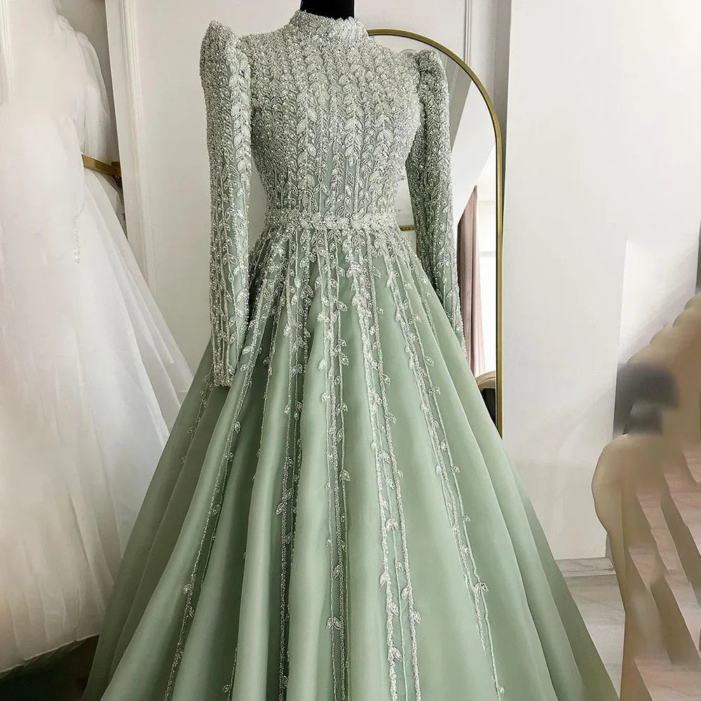 Halter neck evening dress-Serene Hill Dubai Arabic Designer Luxury Sage Green A Line Beaded Evening Dresses Gowns For Women Wedding Party 2024 LA72342