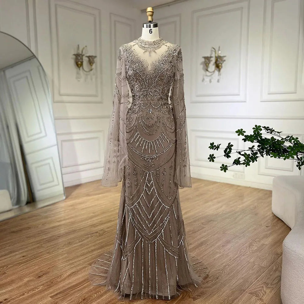 Elegant evening dress-Serene Hill Dubai Gray Elegant Mermaid Beaded Lace Arabic Luxury Evening Dresses Gowns 2024 for Women Wedding Party LA72517