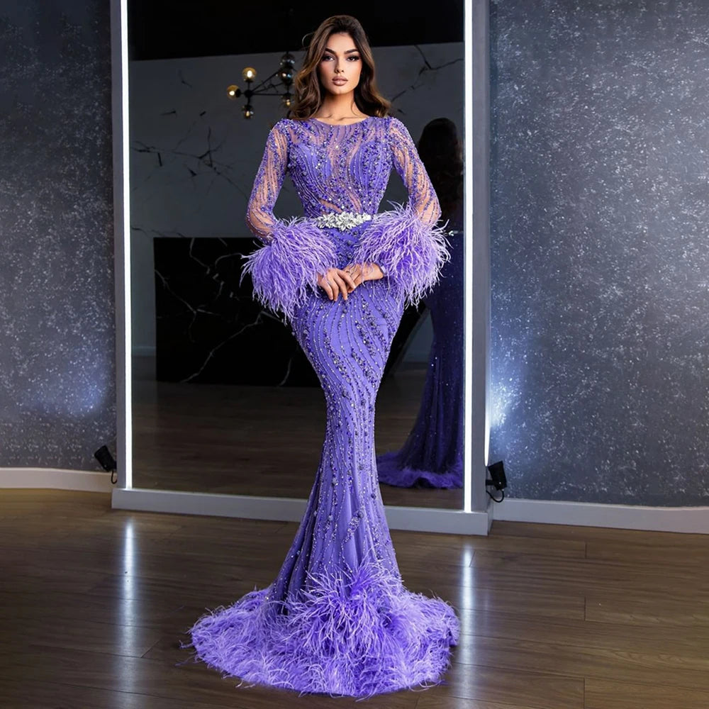 Evening dress for cocktail-Serene Hill Elegant Mermaid Evening Dress Arabic Purple Beaded Feathers | Luxury Gown for Women's Wedding Party 2024 LA72367