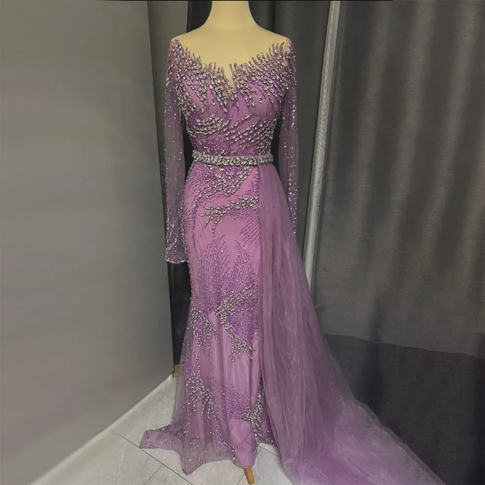 Evening dress with flared skirt-Serene Hill Elegant Purple Mermaid Evening Gowns with Beaded Skirt and Lace-up Detail for Women's Wedding Party 2024 LA72376