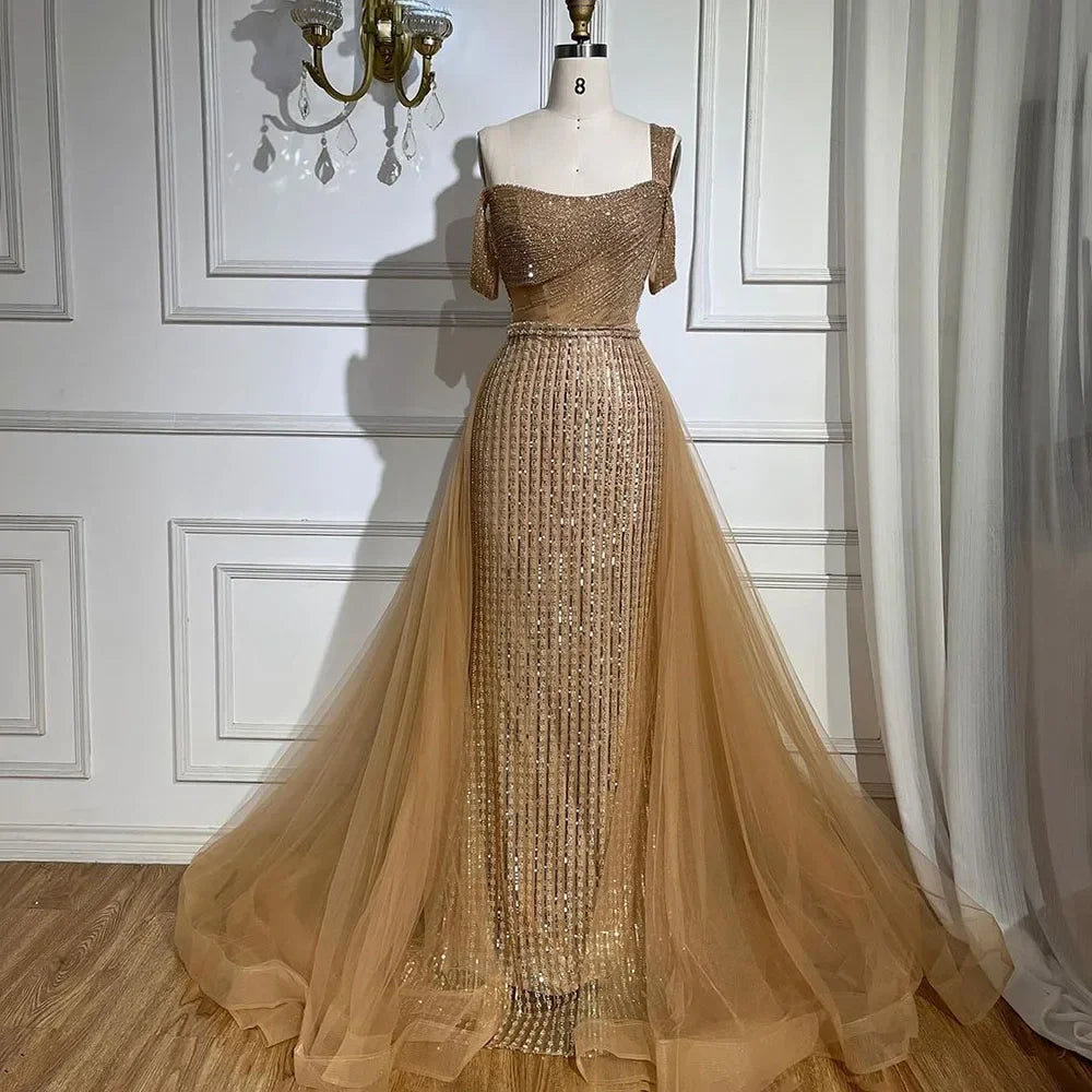 Red evening dress-Serene Hill Gold Mermaid Elegant One Shoulder Overskirt Beaded Luxury Evening Dresses Gowns 2024 For Women Wedding Party LA72453