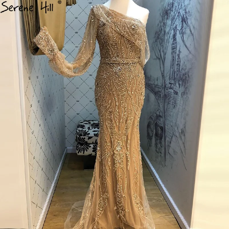 Evening dress with trumpet silhouette-Serene Hill Gold Mermaid Luxury Evening Dresses Gowns 2024 Elegant Beaded One Shoulder For Women Party LA71218