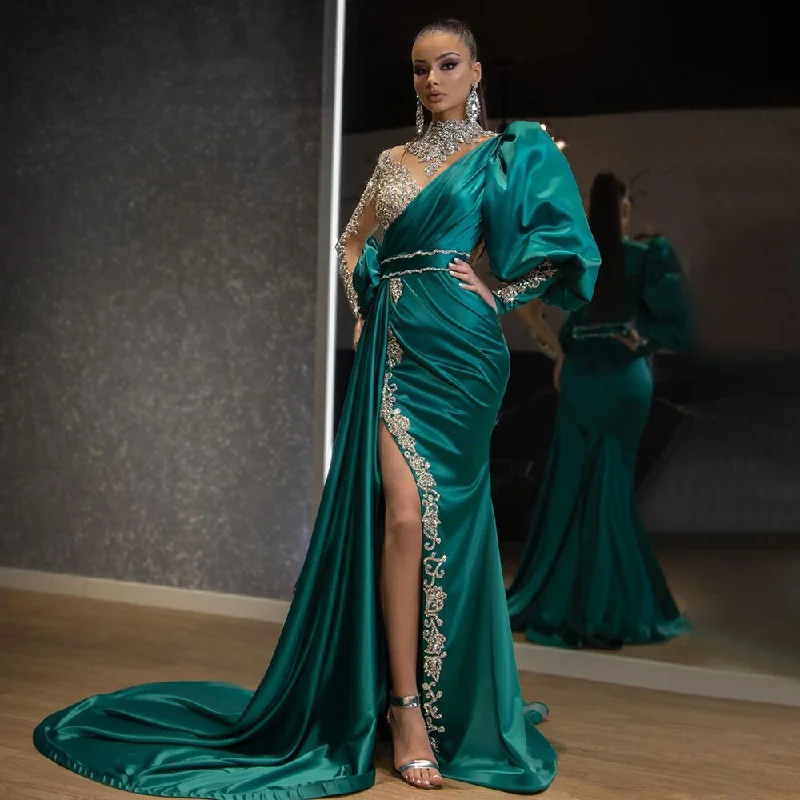 Evening dress with high neckline-Serene Hill Green High Split Satin Evening Dresses Gowns 2024 Luxury Beaded Overskirt Mermaid  For Women Party LA71510