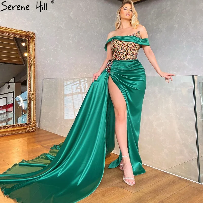 Evening dress with illusion back-Serene Hill Green High Split Stain Evening Dresses Gowns 2024 Beaded Elegant Mermaid For Women Party LA71254