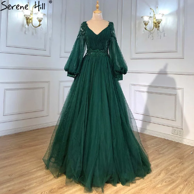 Evening dress with full skirt-Serene Hill Green Lantern Sleeve Evening Dresses Gowns 2024 A-Line Beaded Luxury For Women Wedding Party LA71477