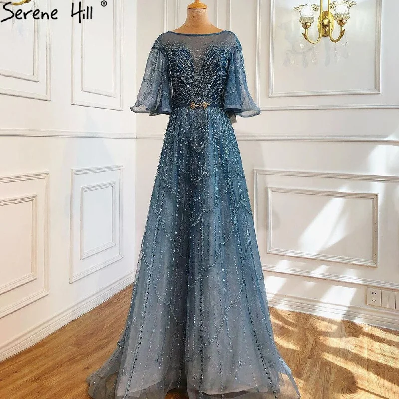 Evening dress with keyhole back-Serene Hill Green Long Flare Sleeves Evening Dresses Gowns 2024 A-Line Luxury Beading For Women Party LA70822