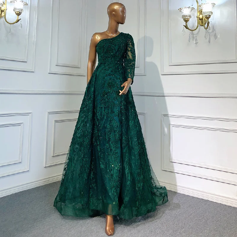 Evening dress with metallic thread-Serene Hill Green Luxury One Shoulder Evening Dresses Gowns 2024 Beaded Mermaid Elegant Overskirt For Women Party LA71607