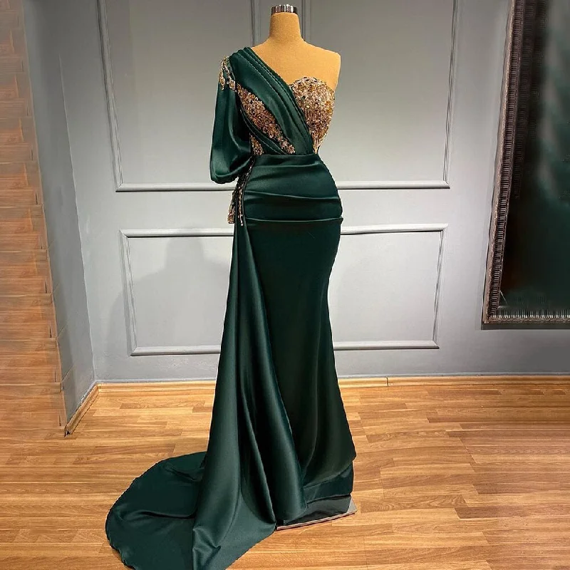 Evening dress with peplum-Serene Hill Green Mermaid Elegant Sexy One ShoulderSatin Evening Dresses Gowns Luxury Beaded  2024 For Women Party LA71706