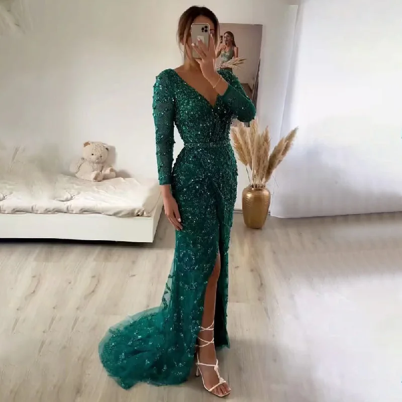 Evening dress with sheer sleeves-Serene Hill Green Mermaid Elegant V-Neck Pearls Long Sleeves Evening Dresses Luxury Beaded 2024 For Women Wedding Party LA70499