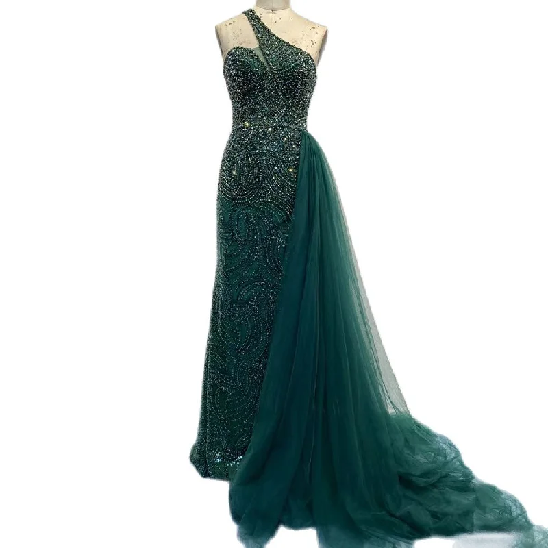 Evening dress with embellishments-Serene Hill Green Mermaid Elegant With Overskirt Sexy One-Shoulder Evening Dresses Gowns Luxury Beaded 2024 Women Party LA71755