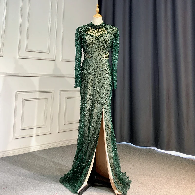 Evening dress with slit-Serene Hill Green Mermaid Evening Dresses Gowns 2024 Pearls Elegant High Split For Women Party High Neck Long Arm LA71693