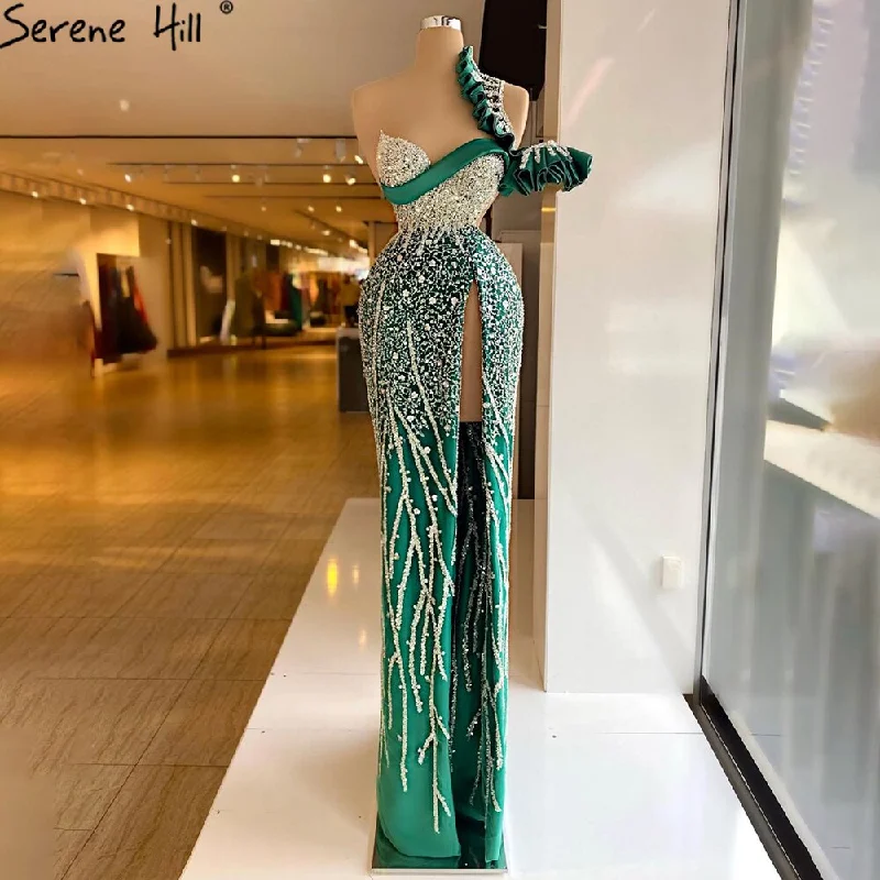 Evening dress with statement sleeves-Serene Hill Green Mermaid High Split Evening Dresses Gowns 2024 Luxury Beaded One Shoulder For Women Party LA71317