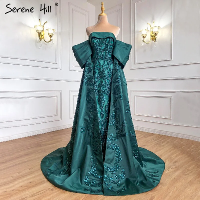 Evening dress with V-neck-Serene Hill Green Mermaid Luxury Evening Dresses Gowns 2024 Satin Elegant Sexy For Women Party HM67227